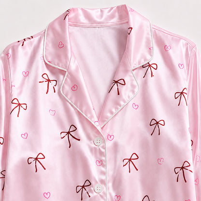 PJ-521-Pink Awareness Ribbon and Bow Print Sleepwear Ensemble Featuring a Matching Pajama Shirt and Comfortable Lounge Bottoms