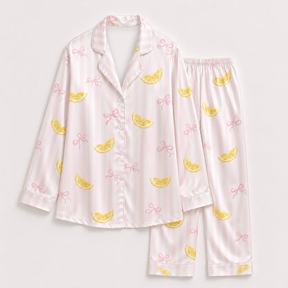 PJ-522-Pink Ribbon Graphic Pajama Apparel, Bow Pattern Loungewear Sleepwear Collection Top Bottom Matching Attire