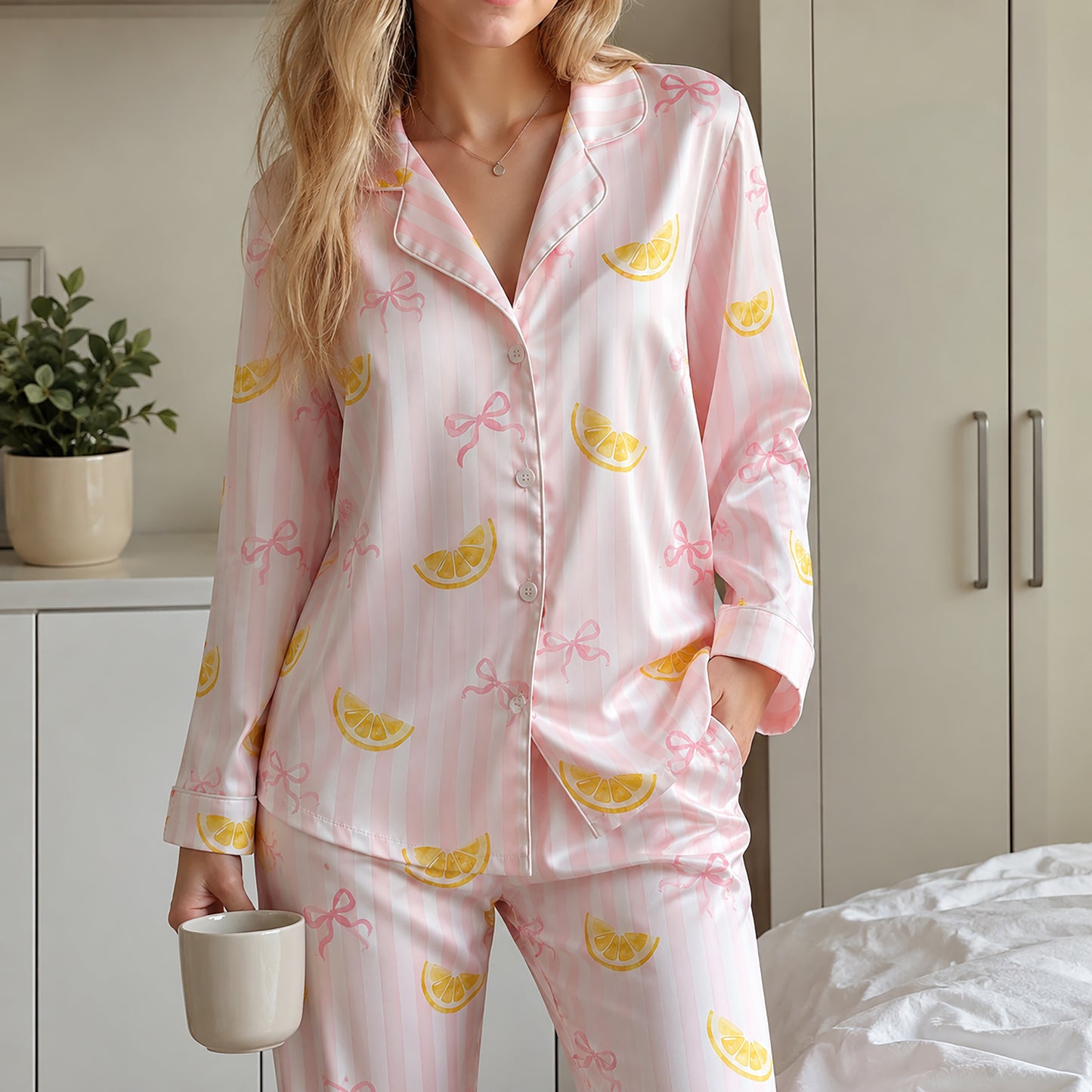 PJ-522-Pink Ribbon Graphic Pajama Apparel, Bow Pattern Loungewear Sleepwear Collection Top Bottom Matching Attire