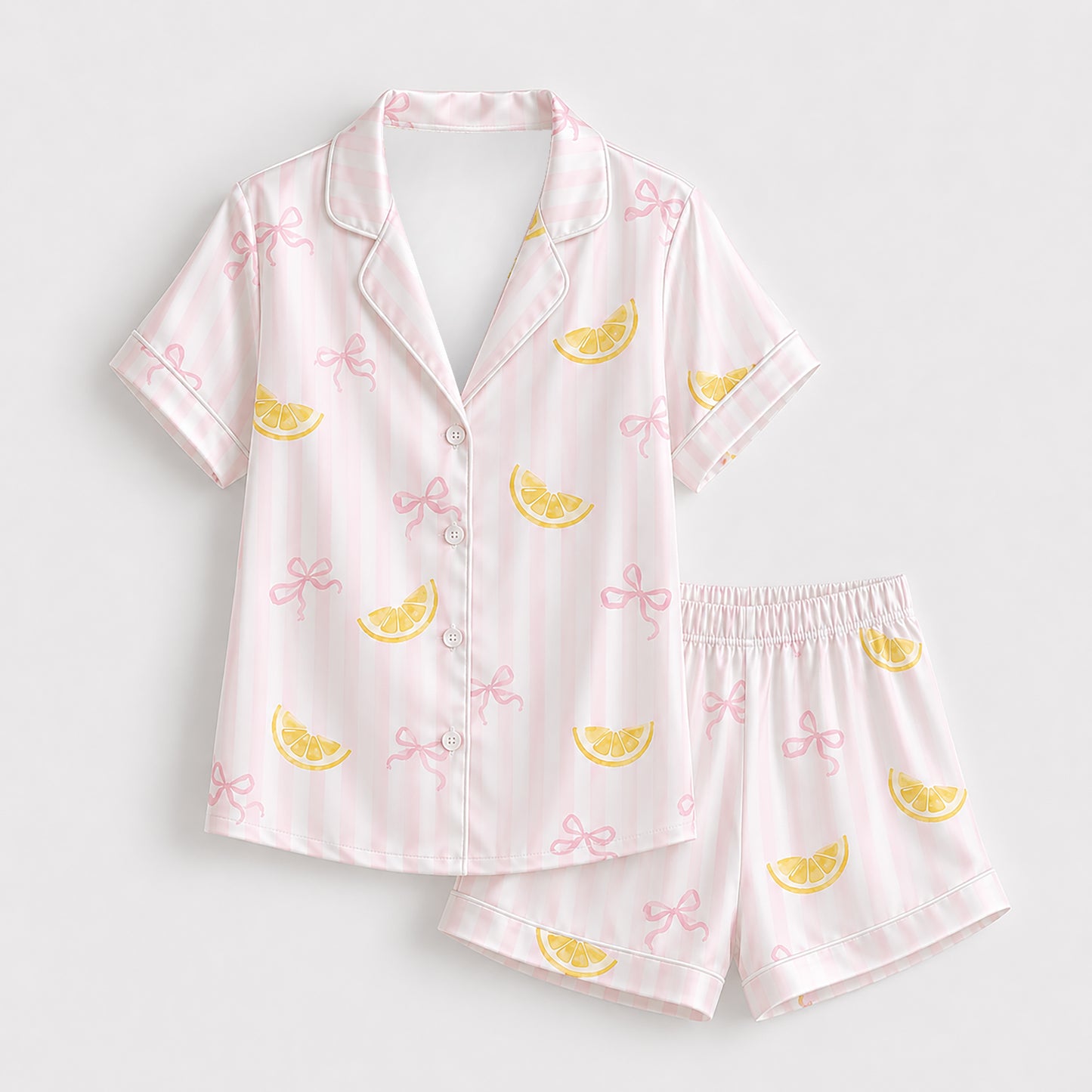 PJ-522-Pink Ribbon Graphic Pajama Apparel, Bow Pattern Loungewear Sleepwear Collection Top Bottom Matching Attire