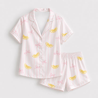 PJ-522-Pink Ribbon Graphic Pajama Apparel, Bow Pattern Loungewear Sleepwear Collection Top Bottom Matching Attire
