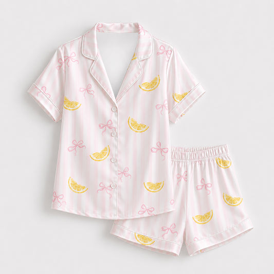 PJ-522-Pink Ribbon Graphic Pajama Apparel, Bow Pattern Loungewear Sleepwear Collection Top Bottom Matching Attire
