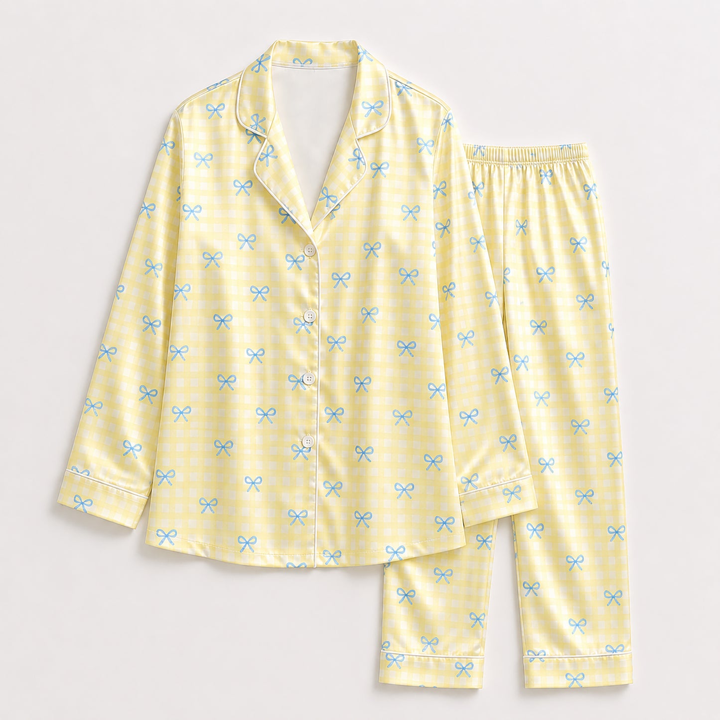 PJ-523-Alabaster Poly Graphic Pajama Apparel, Bow Pattern Loungewear Sleepwear Collection Top Bottom Matching Attire