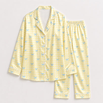 PJ-523-Alabaster Poly Graphic Pajama Apparel, Bow Pattern Loungewear Sleepwear Collection Top Bottom Matching Attire