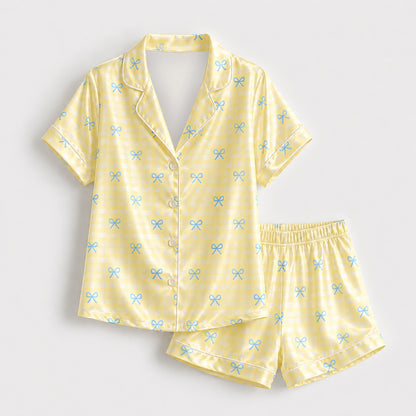 PJ-523-Alabaster Poly Graphic Pajama Apparel, Bow Pattern Loungewear Sleepwear Collection Top Bottom Matching Attire