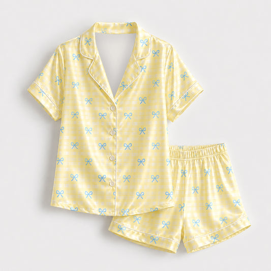 PJ-523-Alabaster Poly Graphic Pajama Apparel, Bow Pattern Loungewear Sleepwear Collection Top Bottom Matching Attire
