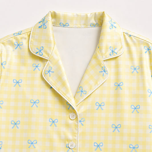 PJ-523-Alabaster Poly Graphic Pajama Apparel, Bow Pattern Loungewear Sleepwear Collection Top Bottom Matching Attire