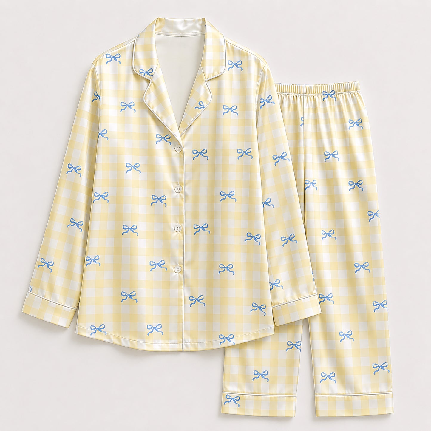 PJ-524-Yellow Synthetic Bow Pajama Apparel, Gingham Printed Loungewear Sleepwear Collection Top Bottom Matching Attire