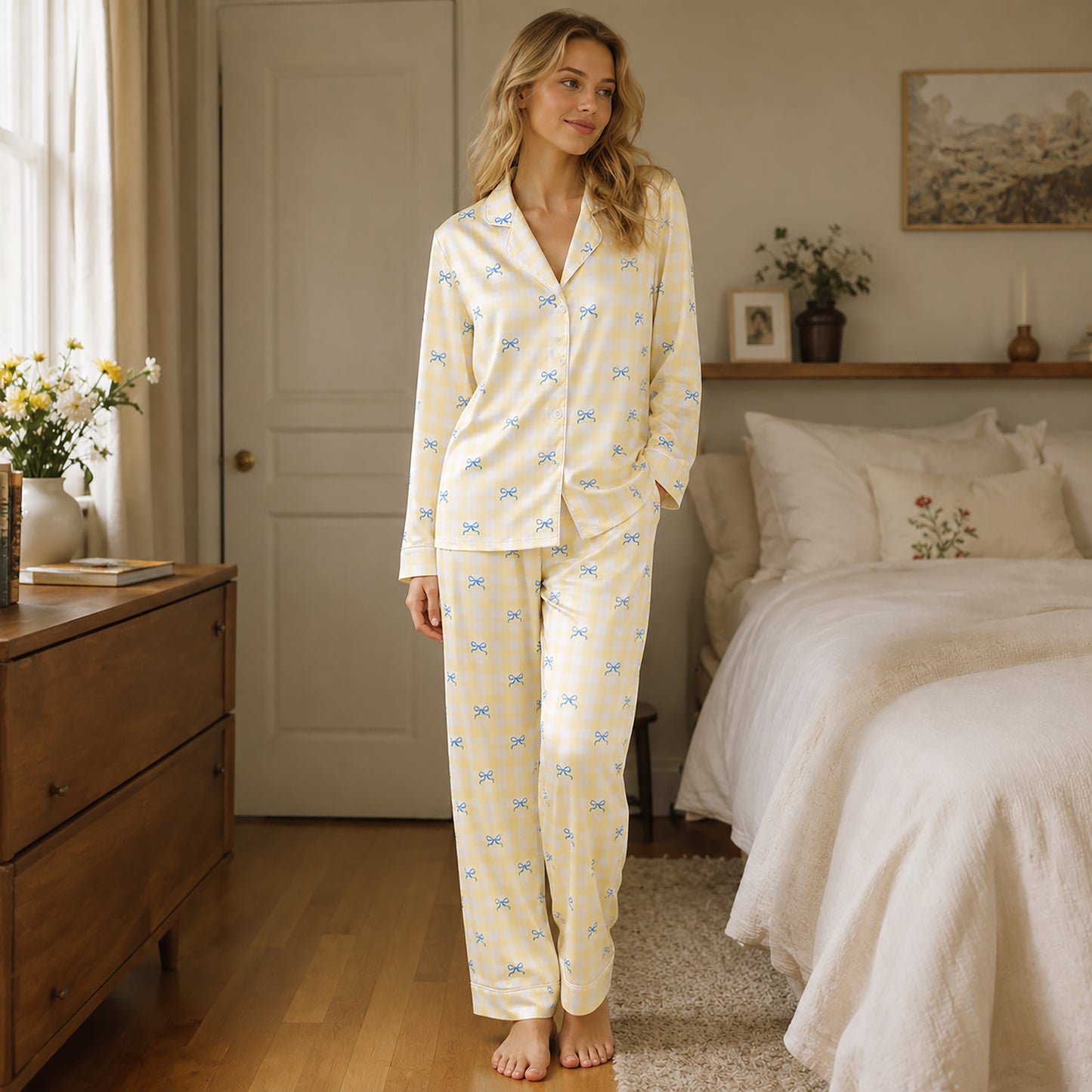 PJ-524-Yellow Synthetic Bow Pajama Apparel, Gingham Printed Loungewear Sleepwear Collection Top Bottom Matching Attire