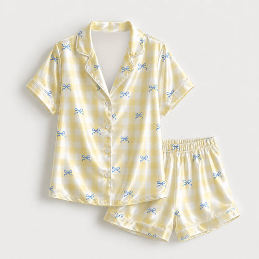 PJ-524-Yellow Synthetic Bow Pajama Apparel, Gingham Printed Loungewear Sleepwear Collection Top Bottom Matching Attire