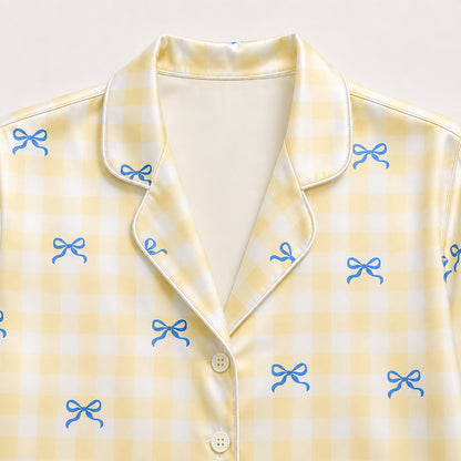PJ-524-Yellow Synthetic Bow Pajama Apparel, Gingham Printed Loungewear Sleepwear Collection Top Bottom Matching Attire