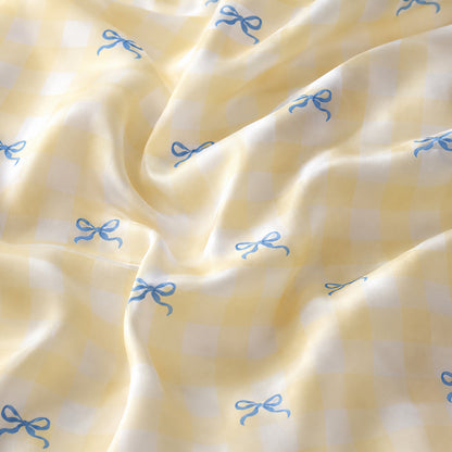 PJ-524-Yellow Synthetic Bow Pajama Apparel, Gingham Printed Loungewear Sleepwear Collection Top Bottom Matching Attire