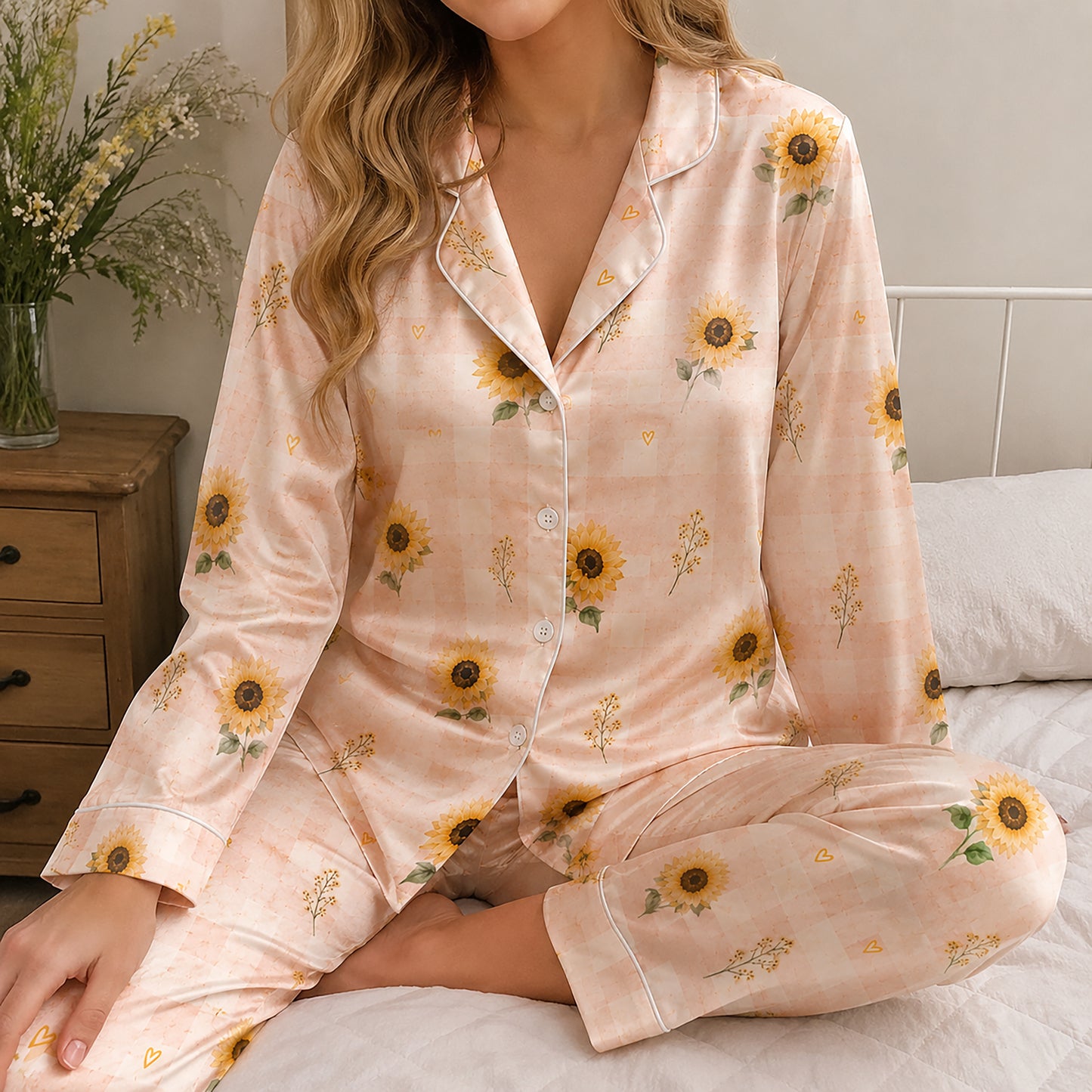 PJ-525-Sunflower Fabric Aesthetic Pajama Apparel, Whimsical Winged Graphic Loungewear Sleepwear Collection Top Bottom Raiment
