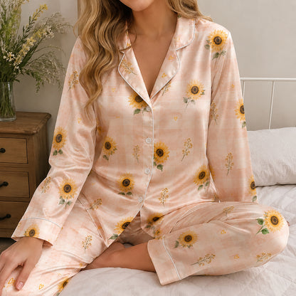 PJ-525-Sunflower Fabric Aesthetic Pajama Apparel, Whimsical Winged Graphic Loungewear Sleepwear Collection Top Bottom Raiment