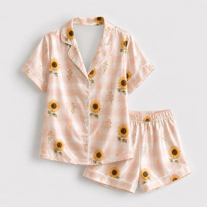 PJ-525-Sunflower Fabric Aesthetic Pajama Apparel, Whimsical Winged Graphic Loungewear Sleepwear Collection Top Bottom Raiment