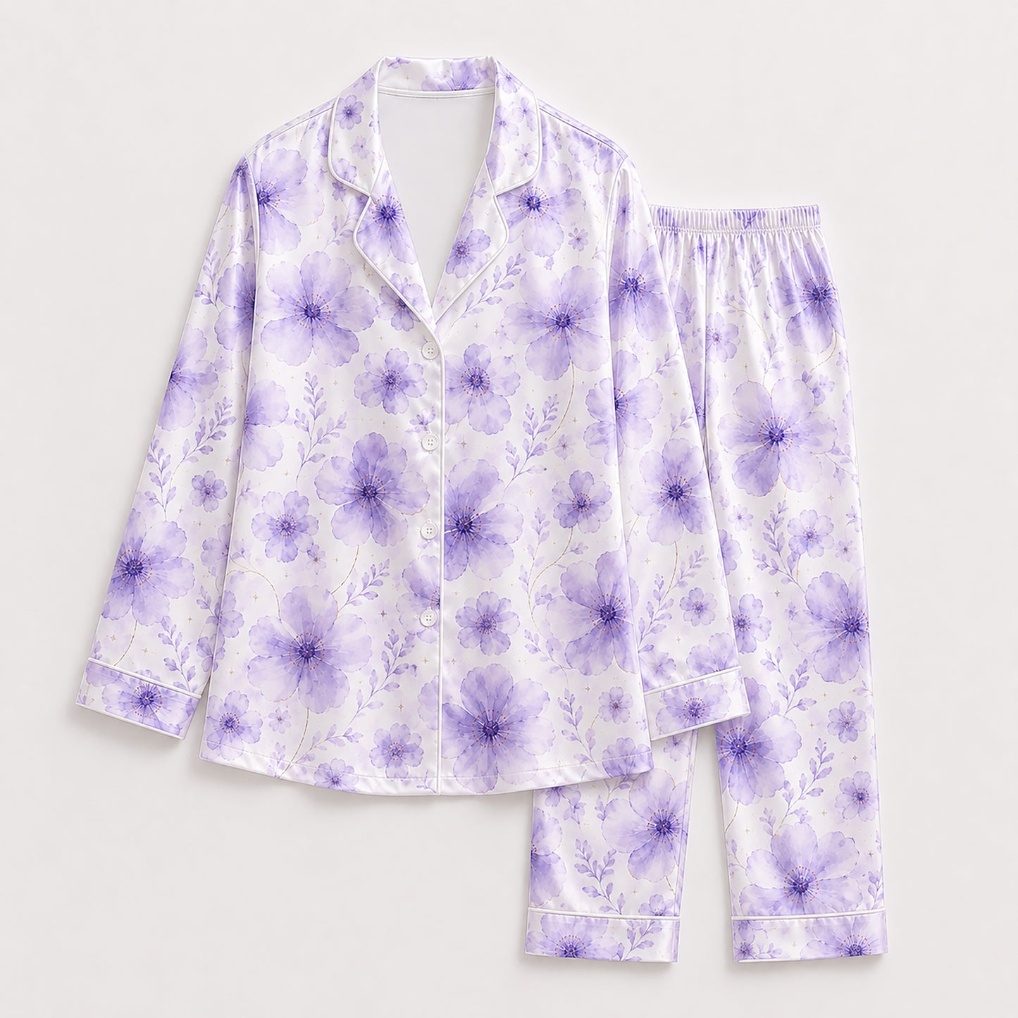 PJ-527-Floral Purple Flower Poly Graphic Pajama Apparel, Elegant Pet Motif Loungewear Sleepwear Collection Top Bottom Garments