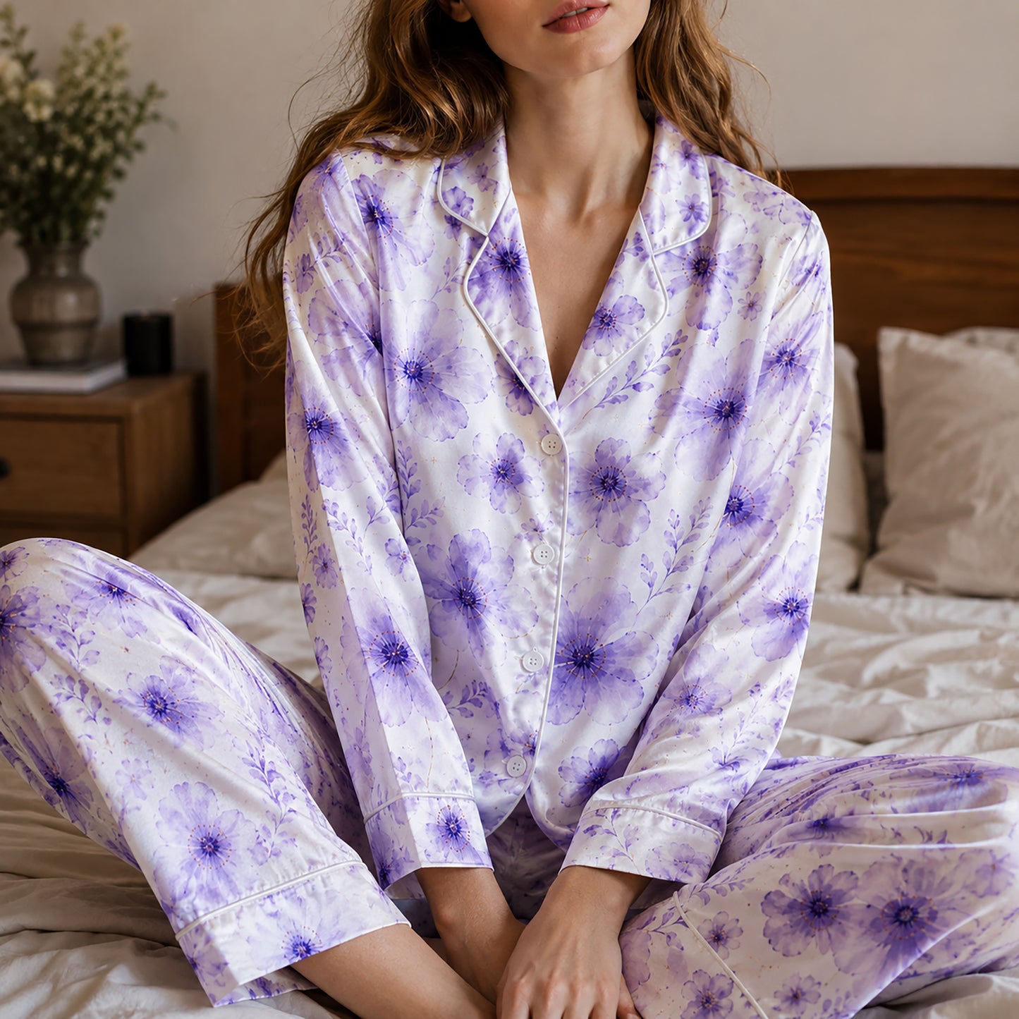 PJ-527-Floral Purple Flower Poly Graphic Pajama Apparel, Elegant Pet Motif Loungewear Sleepwear Collection Top Bottom Garments