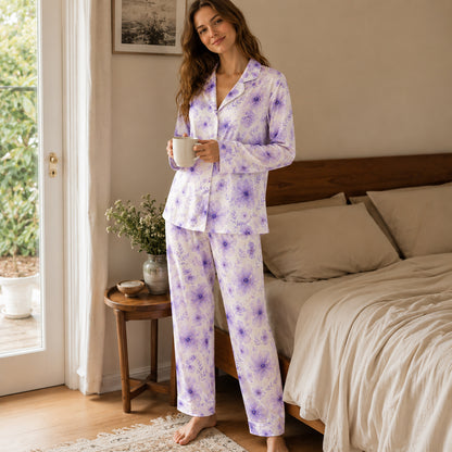 PJ-527-Floral Purple Flower Poly Graphic Pajama Apparel, Elegant Pet Motif Loungewear Sleepwear Collection Top Bottom Garments