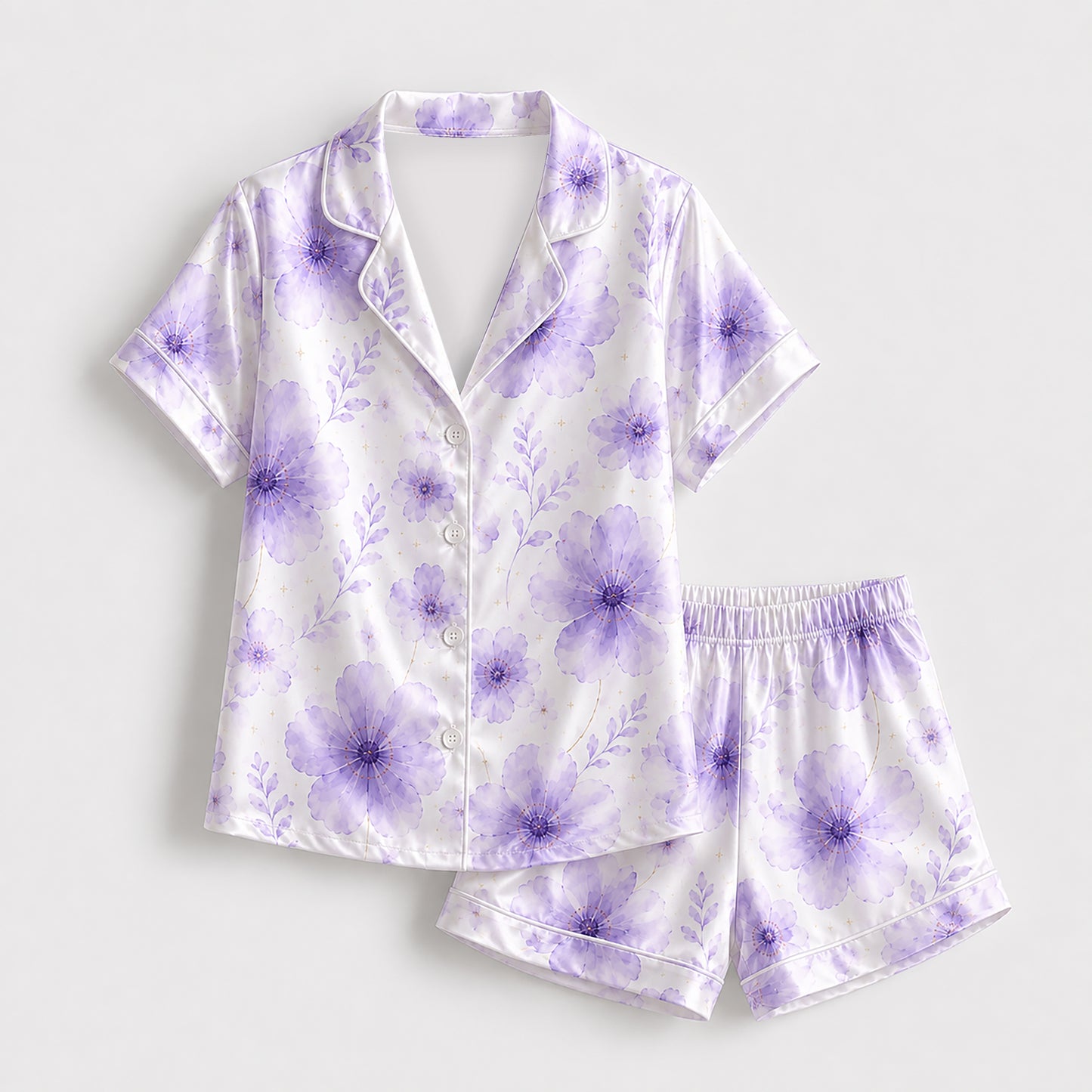 PJ-527-Floral Purple Flower Poly Graphic Pajama Apparel, Elegant Pet Motif Loungewear Sleepwear Collection Top Bottom Garments