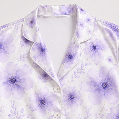 PJ-527-Floral Purple Flower Poly Graphic Pajama Apparel, Elegant Pet Motif Loungewear Sleepwear Collection Top Bottom Garments