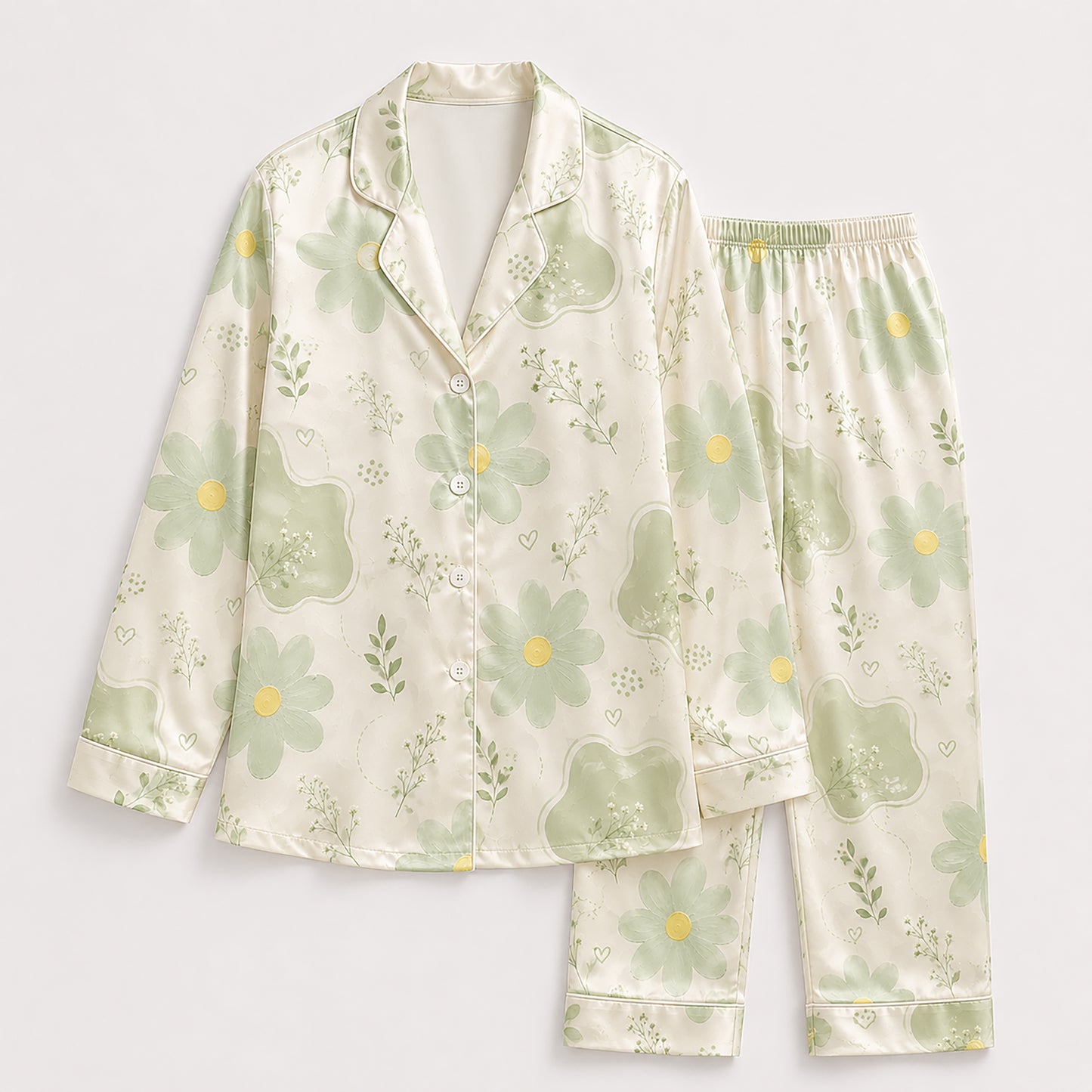 PJ-528-Sage Poly Floral Pajama Apparel, Botanical Pattern Loungewear Sleepwear Collection Top Bottom Matching Clothing