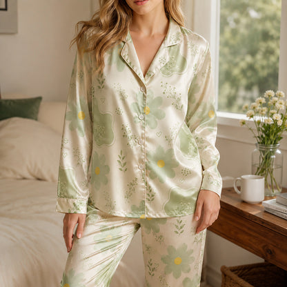 PJ-528-Sage Poly Floral Pajama Apparel, Botanical Pattern Loungewear Sleepwear Collection Top Bottom Matching Clothing