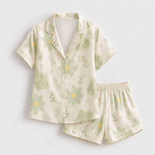 PJ-528-Sage Poly Floral Pajama Apparel, Botanical Pattern Loungewear Sleepwear Collection Top Bottom Matching Clothing