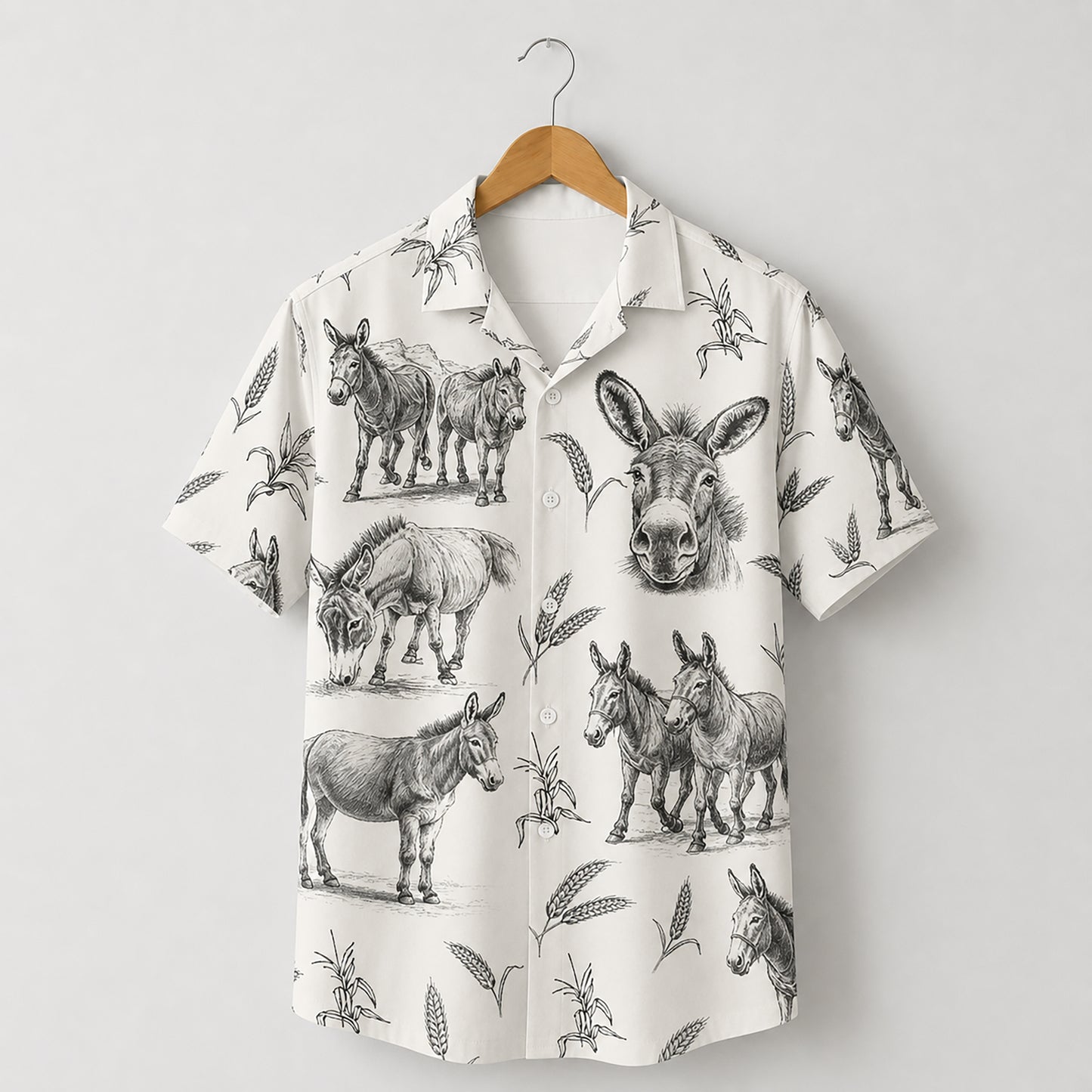 HW-531-Rustic Donkey Sketch White Satin Hawaiian Shirt Farm Animal Print Vintage Button Down Apparel