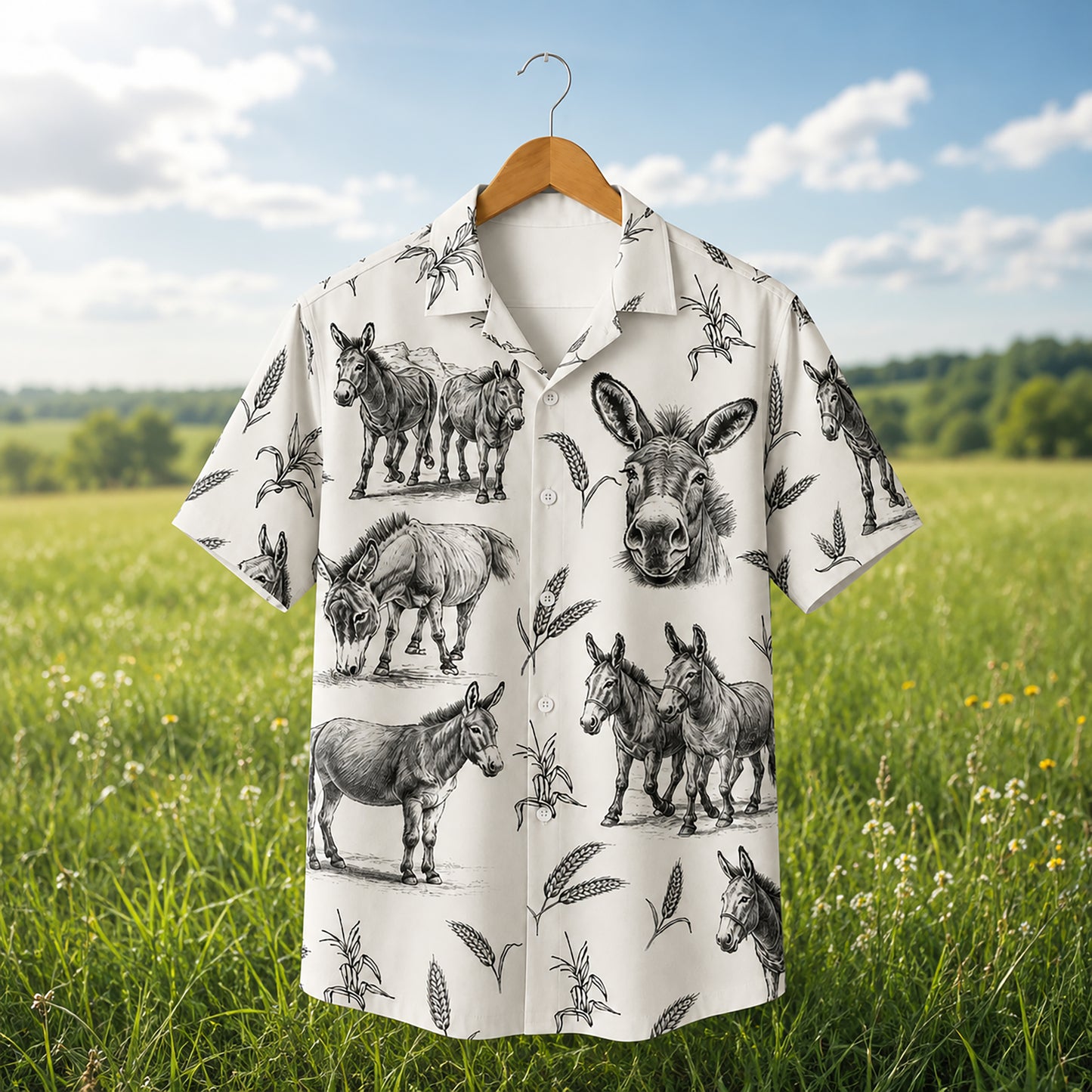HW-531-Rustic Donkey Sketch White Satin Hawaiian Shirt Farm Animal Print Vintage Button Down Apparel
