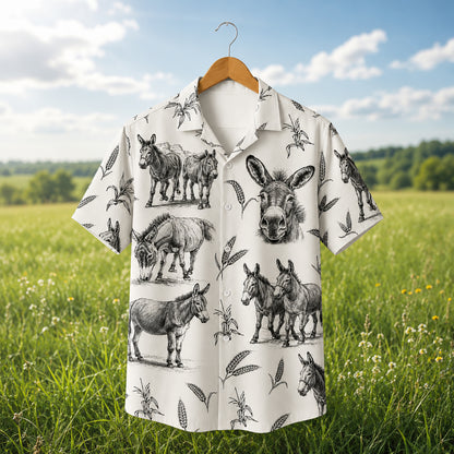 HW-531-Rustic Donkey Sketch White Satin Hawaiian Shirt Farm Animal Print Vintage Button Down Apparel