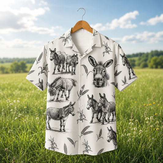 HW-531-Rustic Donkey Sketch White Satin Hawaiian Shirt Farm Animal Print Vintage Button Down Apparel