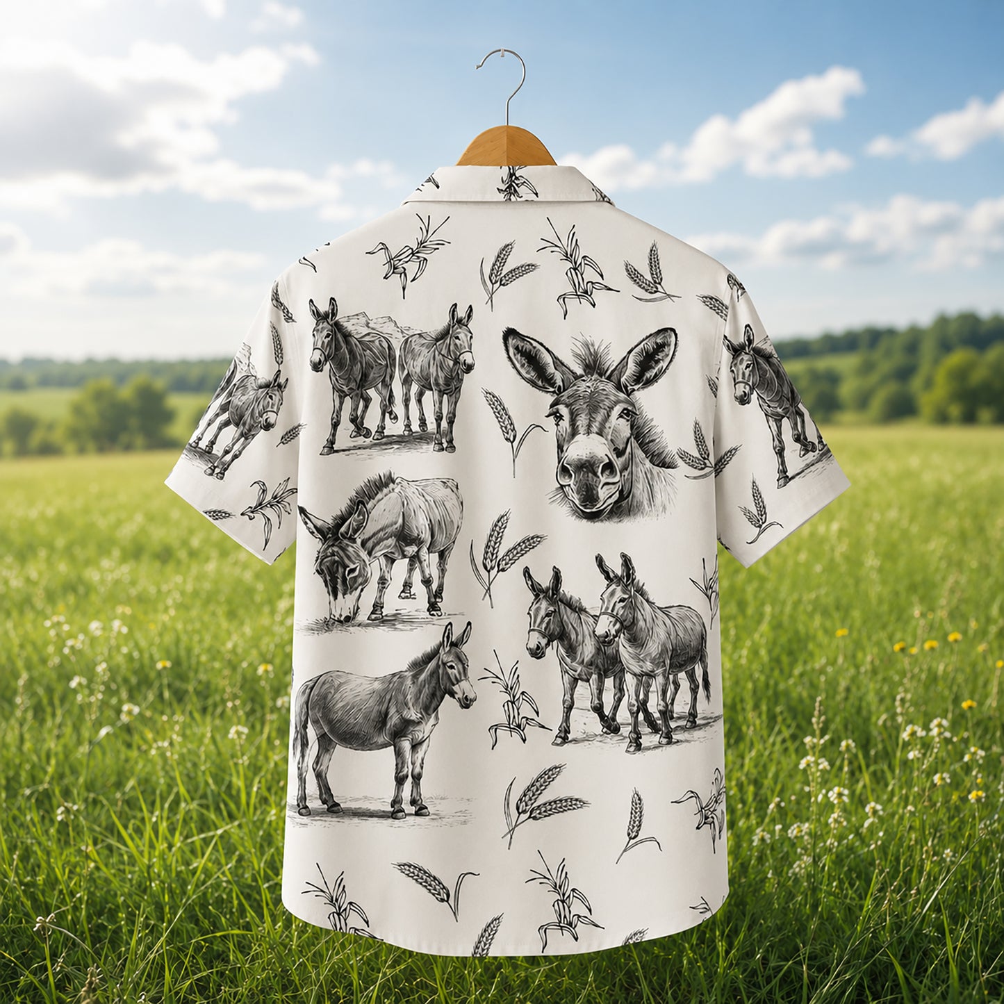 HW-531-Rustic Donkey Sketch White Satin Hawaiian Shirt Farm Animal Print Vintage Button Down Apparel