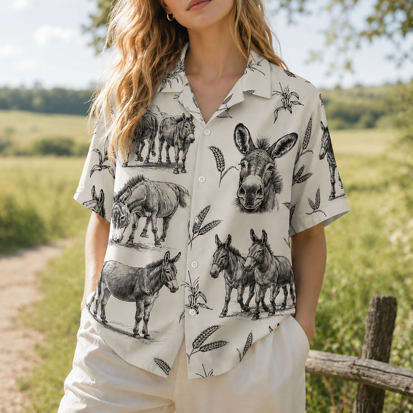 HW-531-Rustic Donkey Sketch White Satin Hawaiian Shirt Farm Animal Print Vintage Button Down Apparel