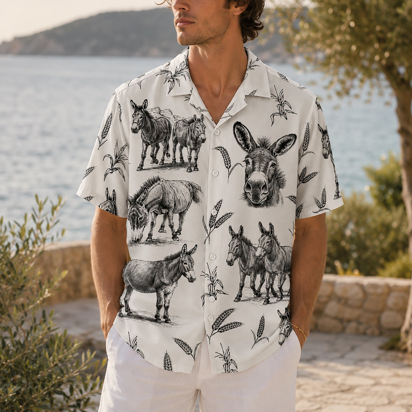 HW-531-Rustic Donkey Sketch White Satin Hawaiian Shirt Farm Animal Print Vintage Button Down Apparel