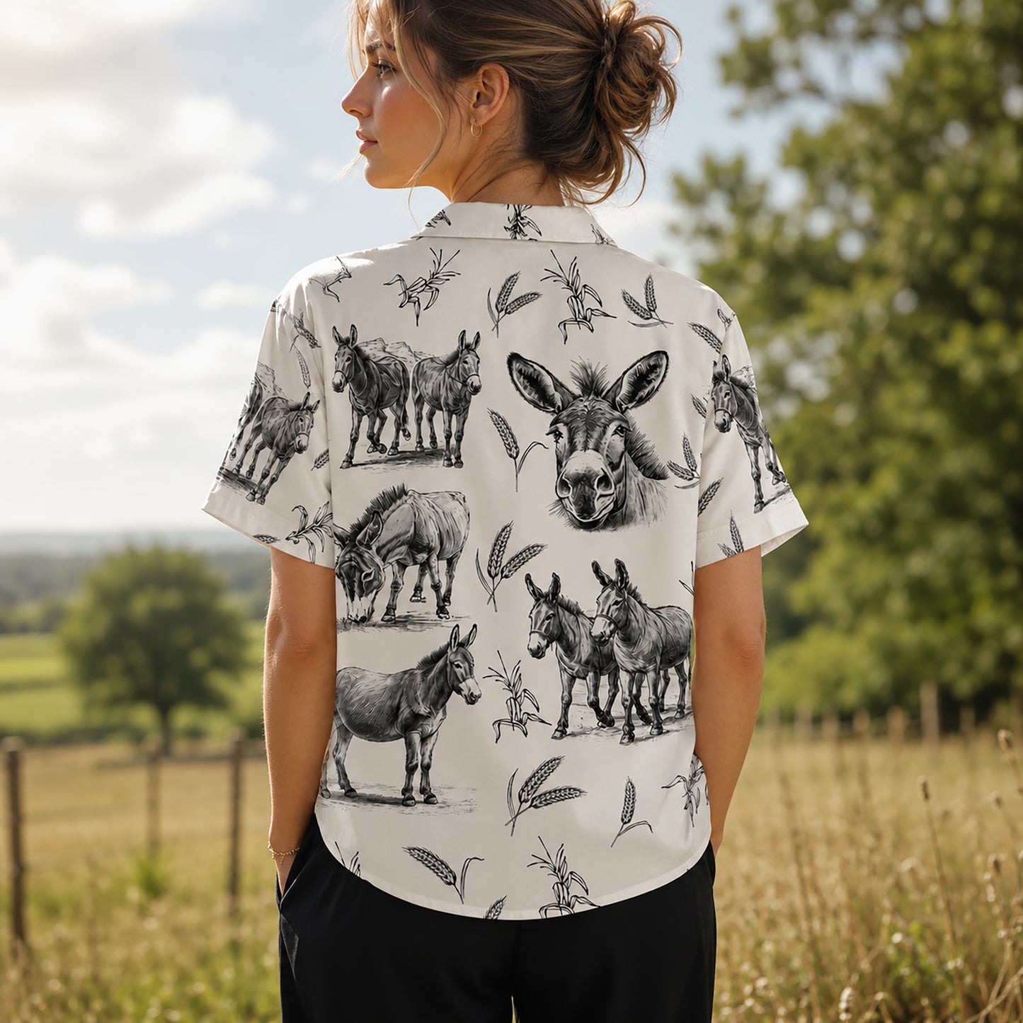 HW-531-Rustic Donkey Sketch White Satin Hawaiian Shirt Farm Animal Print Vintage Button Down Apparel
