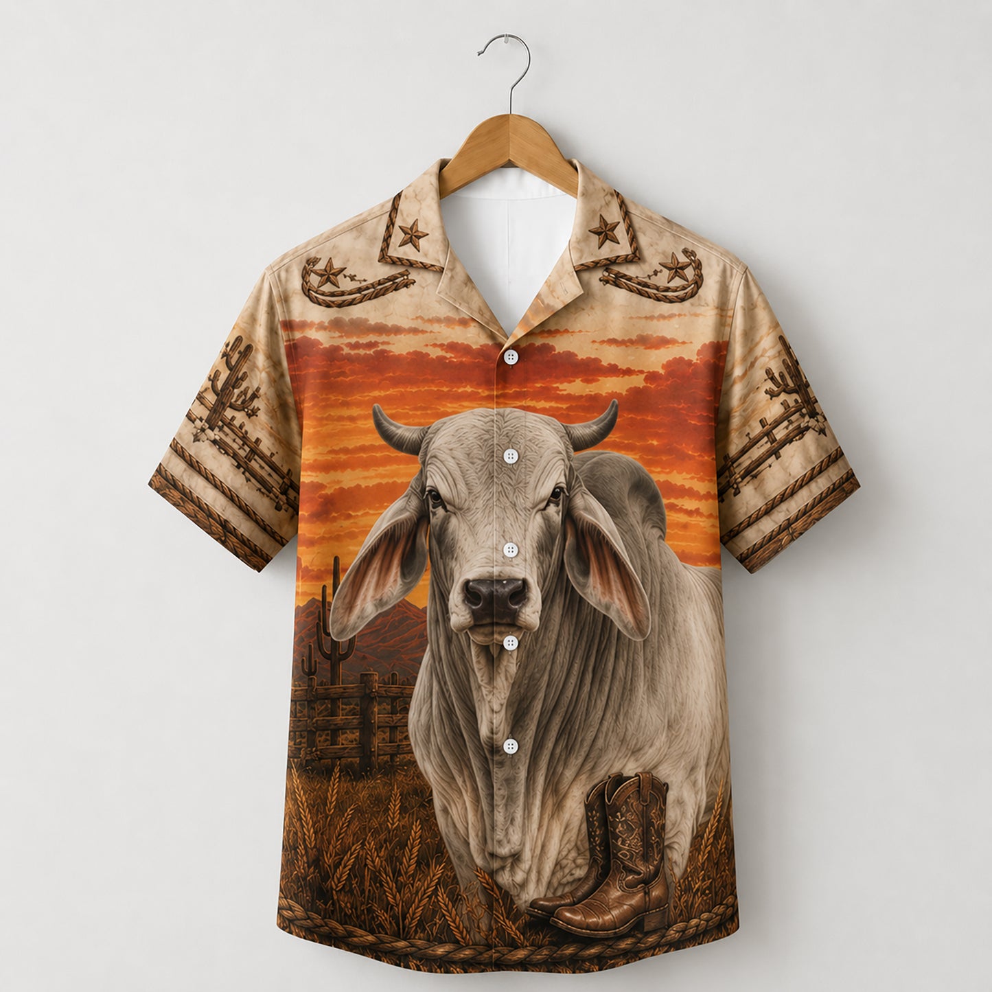 HW-532-Western Brahman Bull Sunset Satin Hawaiian Shirt Cowboy Boots Desert Ranch Button Up