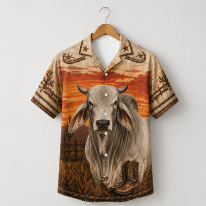 HW-532-Western Brahman Bull Sunset Satin Hawaiian Shirt Cowboy Boots Desert Ranch Button Up