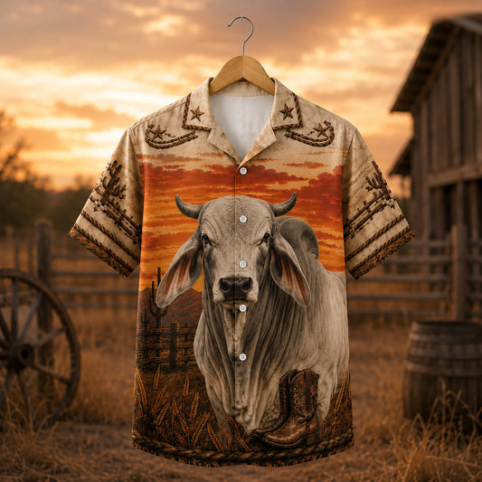 HW-532-Western Brahman Bull Sunset Satin Hawaiian Shirt Cowboy Boots Desert Ranch Button Up