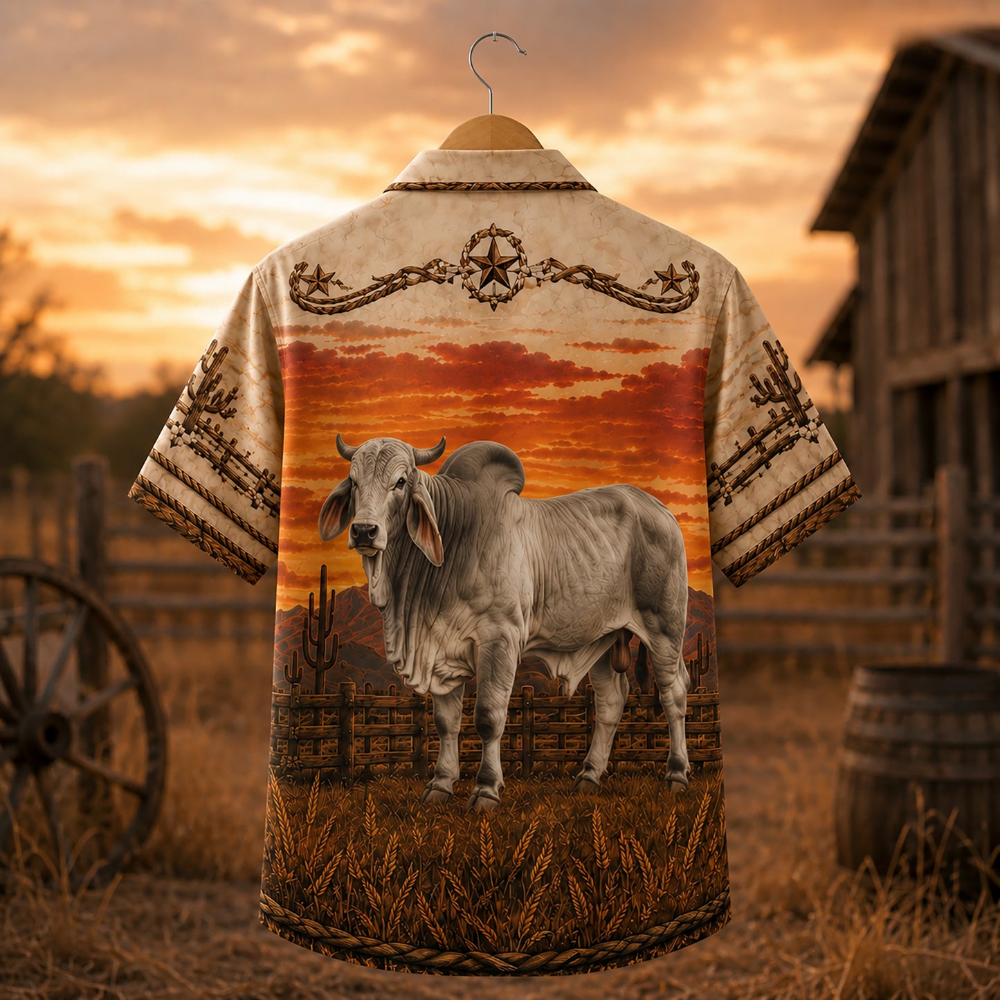 HW-532-Western Brahman Bull Sunset Satin Hawaiian Shirt Cowboy Boots Desert Ranch Button Up