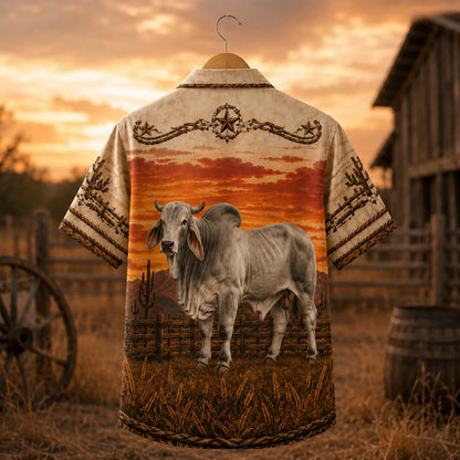 HW-532-Western Brahman Bull Sunset Satin Hawaiian Shirt Cowboy Boots Desert Ranch Button Up