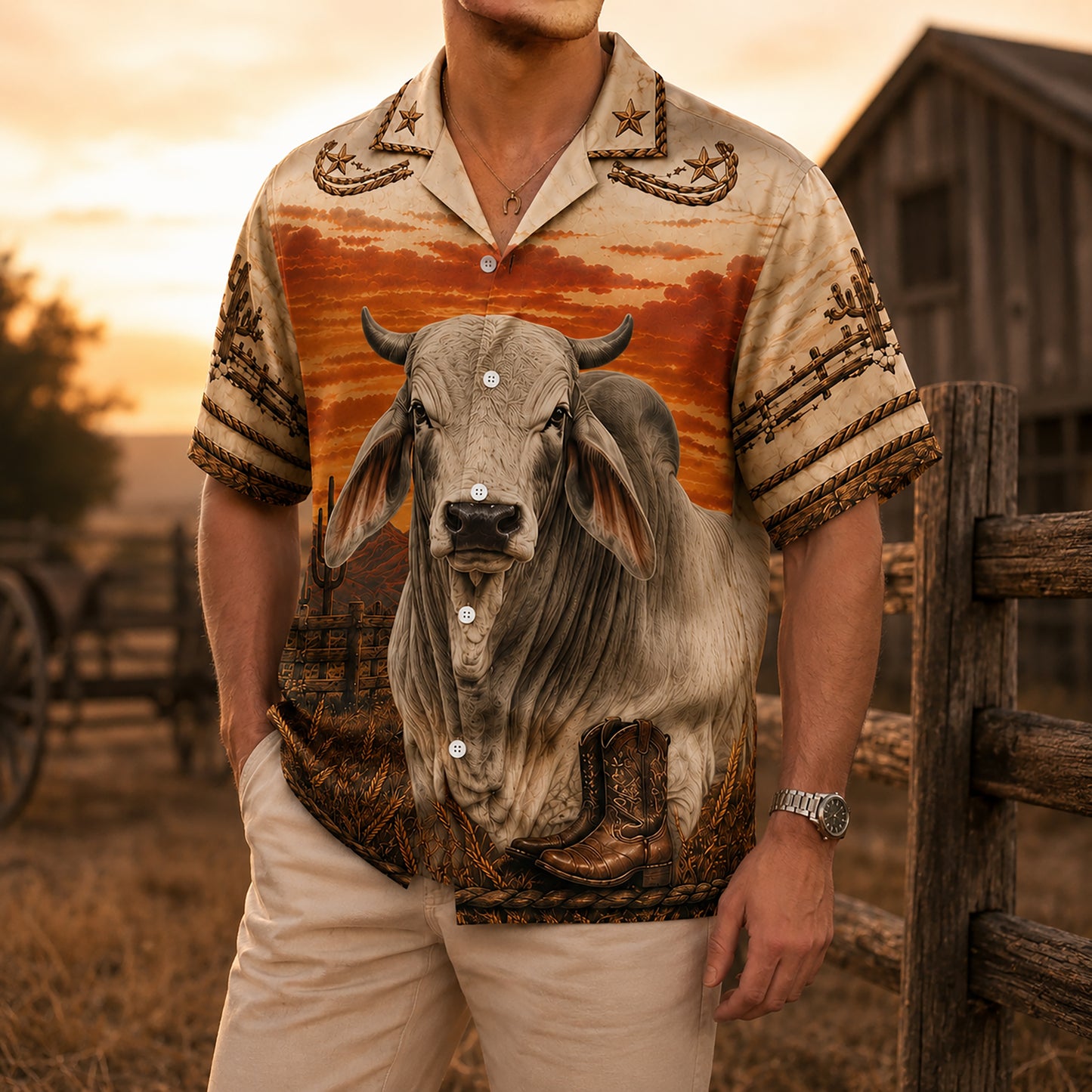HW-532-Western Brahman Bull Sunset Satin Hawaiian Shirt Cowboy Boots Desert Ranch Button Up