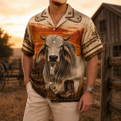 HW-532-Western Brahman Bull Sunset Satin Hawaiian Shirt Cowboy Boots Desert Ranch Button Up