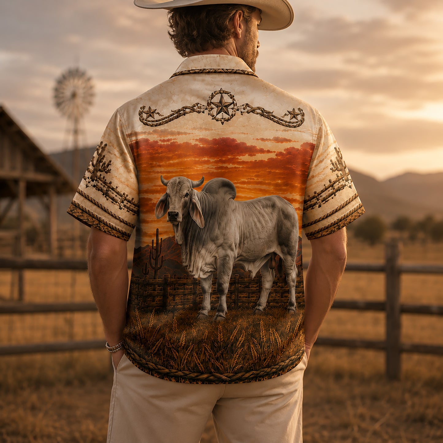 HW-532-Western Brahman Bull Sunset Satin Hawaiian Shirt Cowboy Boots Desert Ranch Button Up
