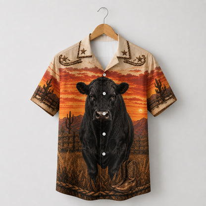 HW-533-Black Bull Desert Sunset Satin Hawaiian Shirt Western Country Ranch Button Up Apparel