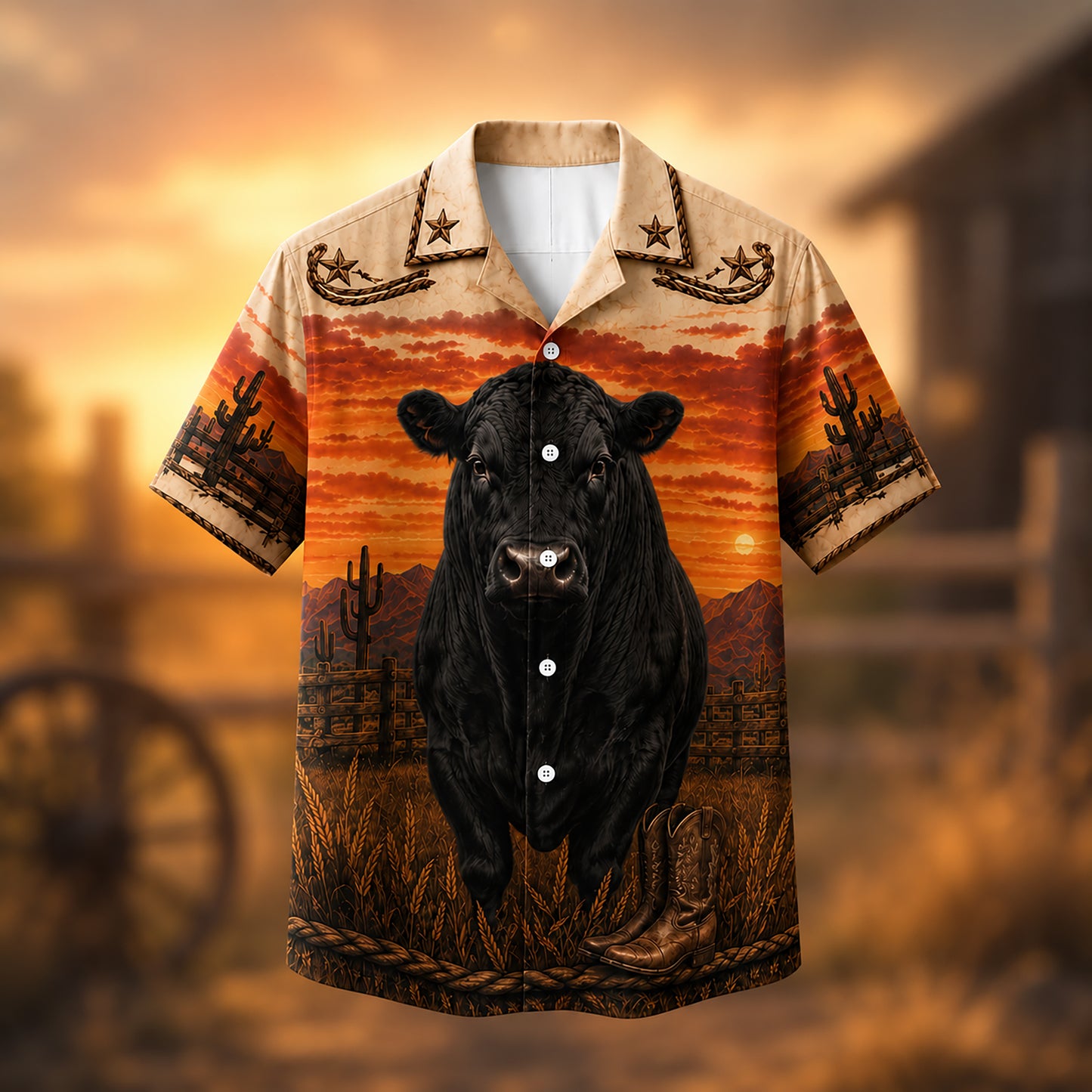 HW-533-Black Bull Desert Sunset Satin Hawaiian Shirt Western Country Ranch Button Up Apparel