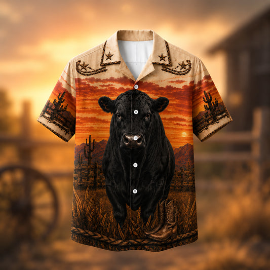 HW-533-Black Bull Desert Sunset Satin Hawaiian Shirt Western Country Ranch Button Up Apparel