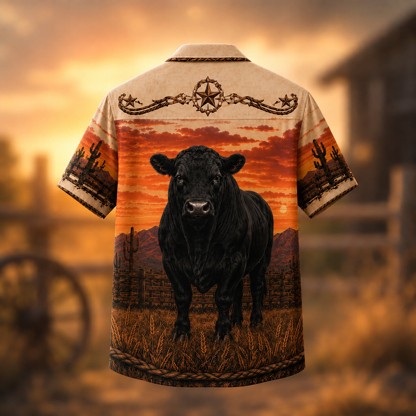 HW-533-Black Bull Desert Sunset Satin Hawaiian Shirt Western Country Ranch Button Up Apparel