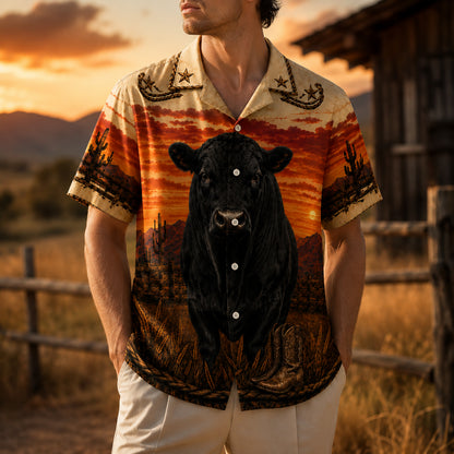 HW-533-Black Bull Desert Sunset Satin Hawaiian Shirt Western Country Ranch Button Up Apparel