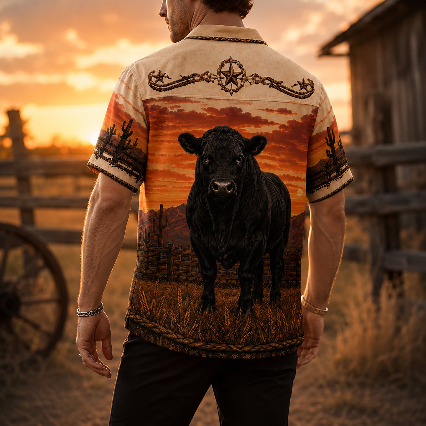 HW-533-Black Bull Desert Sunset Satin Hawaiian Shirt Western Country Ranch Button Up Apparel