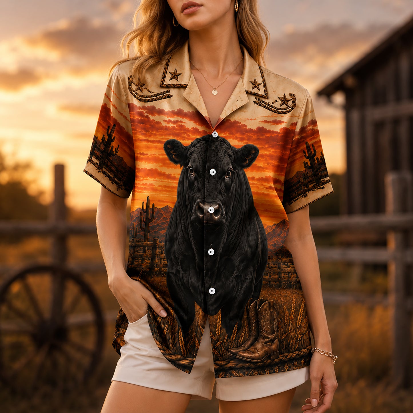 HW-533-Black Bull Desert Sunset Satin Hawaiian Shirt Western Country Ranch Button Up Apparel